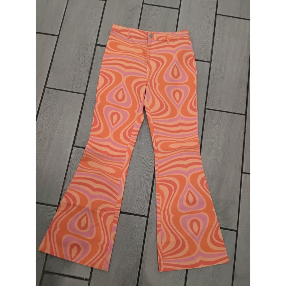 Finesse Orange Pink Psychedelic Swirl Flare Pants Retro 70s Style Size S